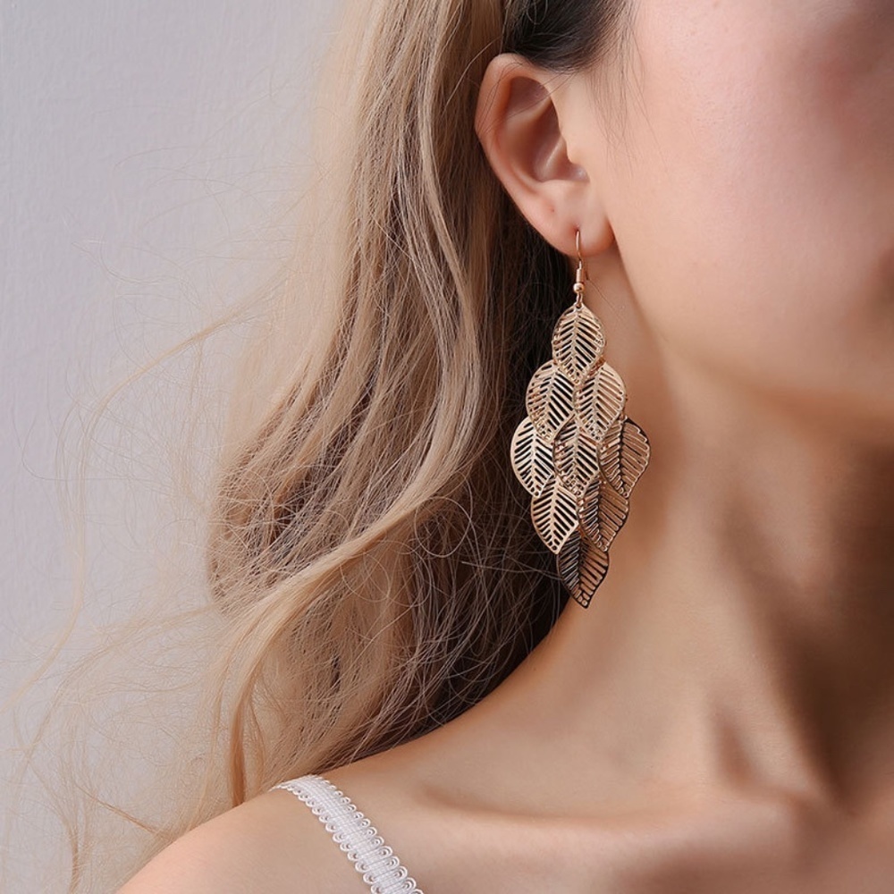 *DELPHINE* Gold Leaf Pendant Hollow Design Fashion Earrings